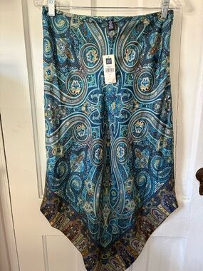 Y2K GAP Teal and Blue Paisley 100% Silk Asymmetrical Boho Handkerchief Hem Skirt